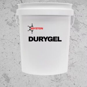 White bucket labeled "Durygel" against gray background.