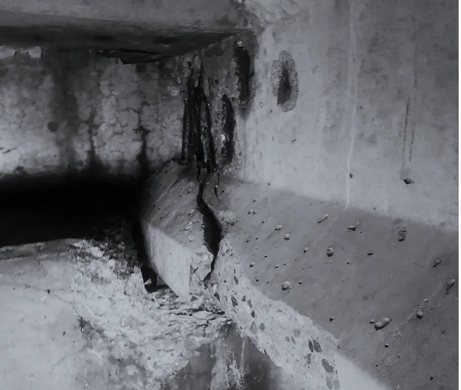 Close-up of a cracked, weathered concrete surface in a dimly lit area.