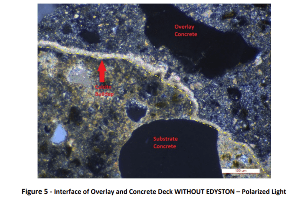 Microscopic image showing concrete overlay interface with red arrows highlighting air voids.