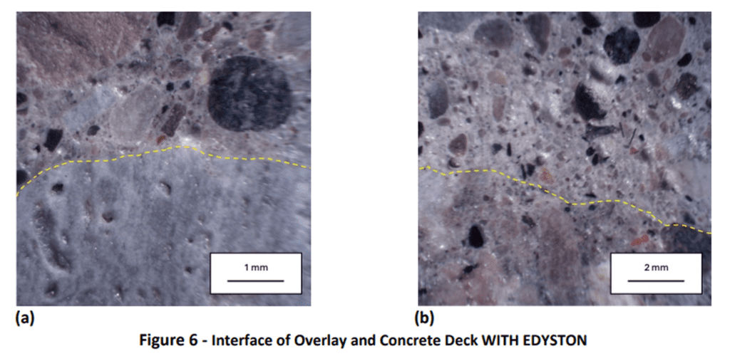 Microscopic images showing the interface of overlay and concrete deck with ED.