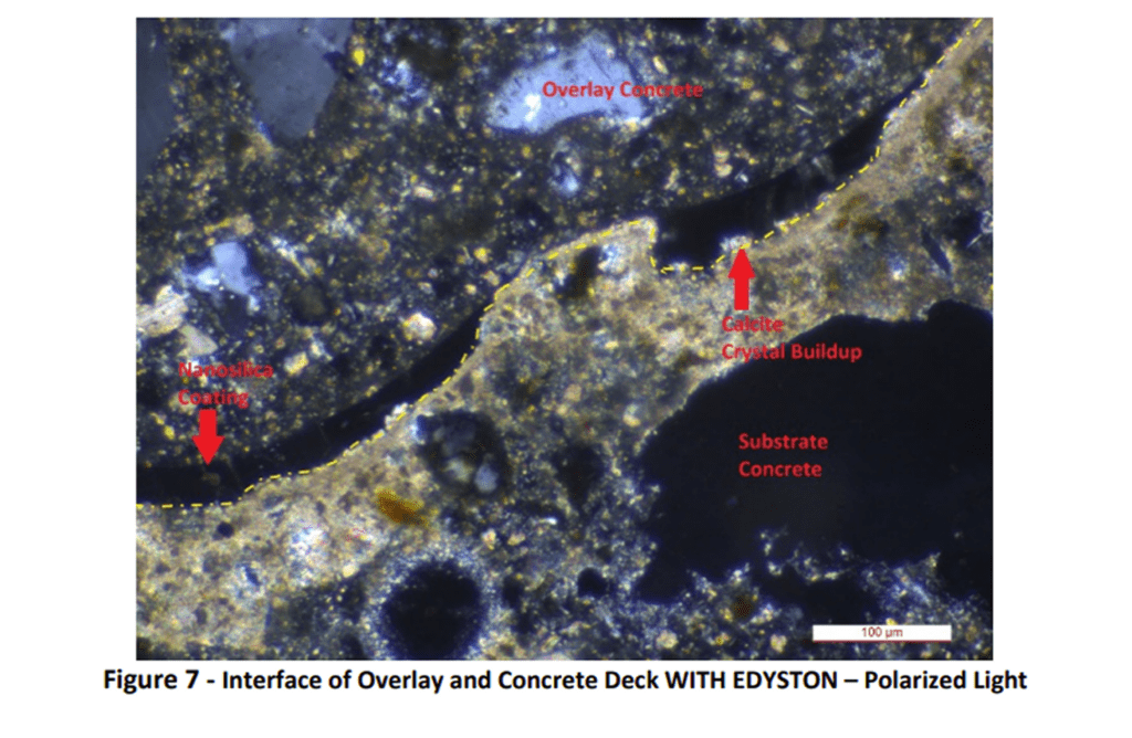Close-up of concrete deck overlay with EDYSTON showing substrate concrete and cracks.