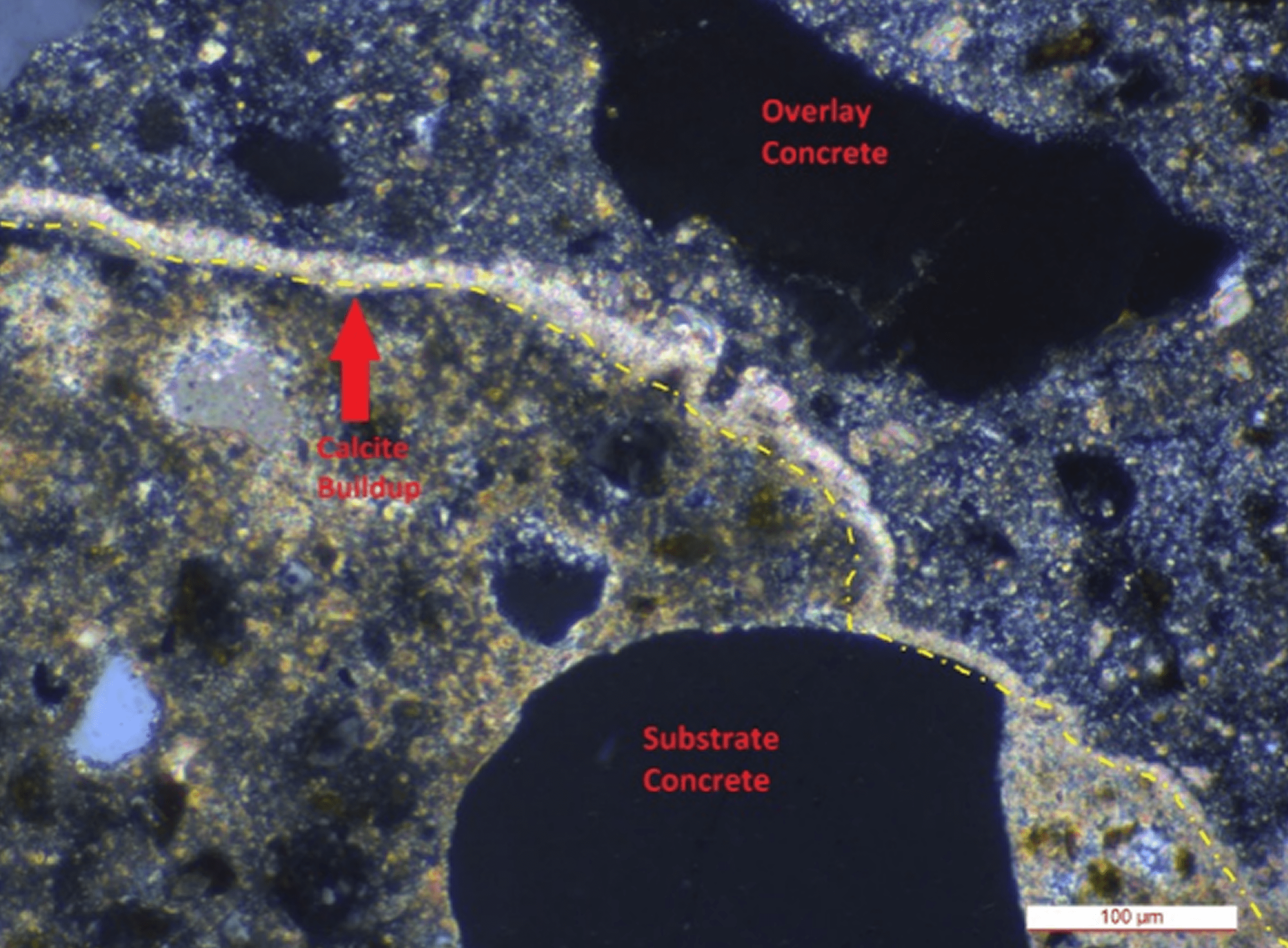 Microscopic image showing overlay and substrate concrete layers with clear boundary.