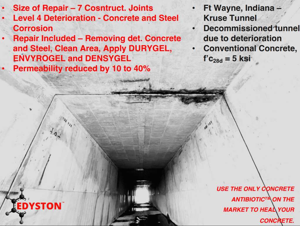 Concrete repair work on a large tunnel joint with detailed project notes.