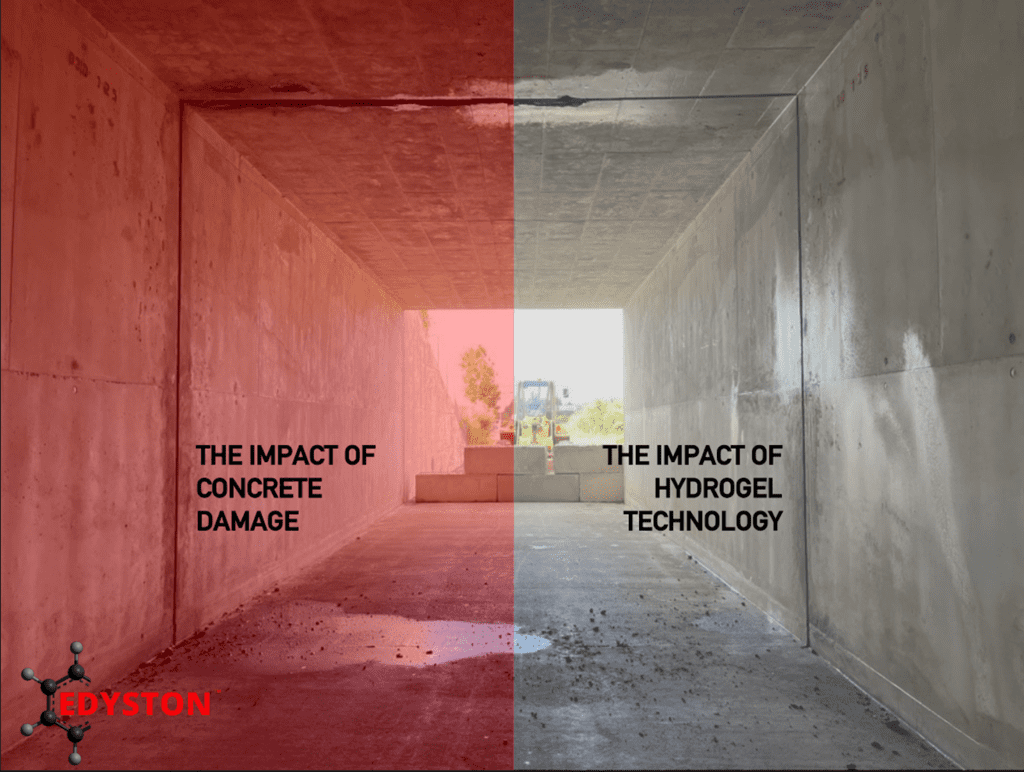 Split image showing concrete damage impact versus technology's impact.