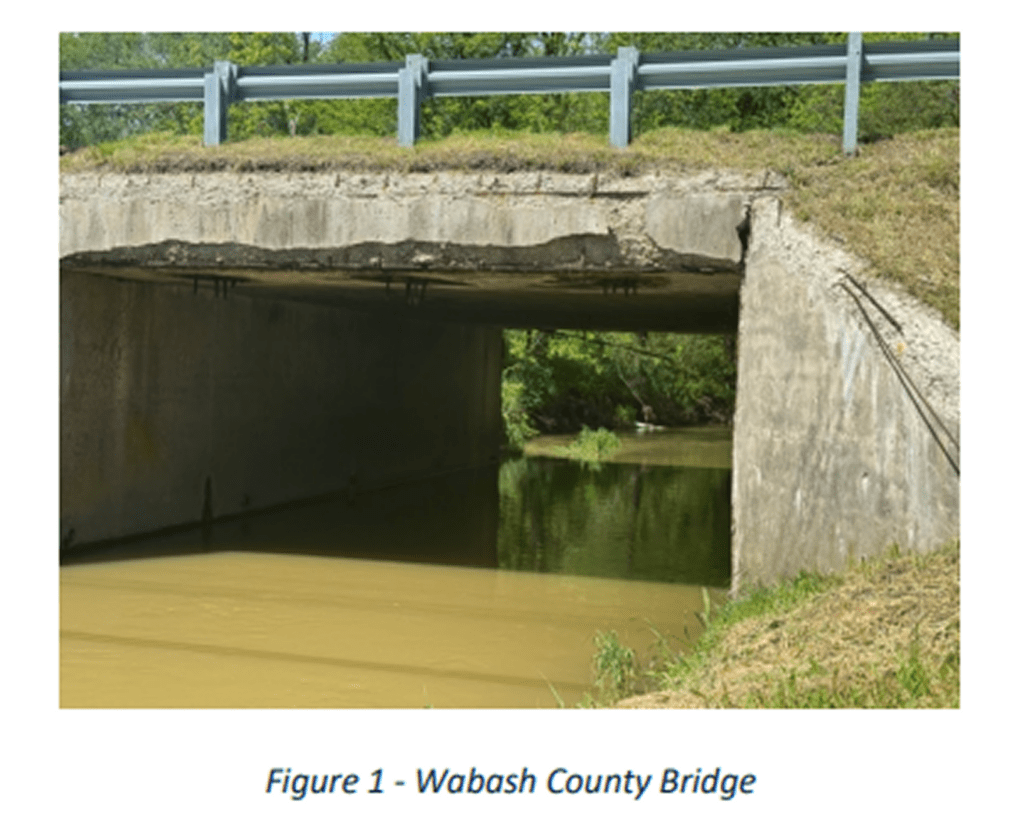 Concrete bridge over a murky waterway with guardrails and greenery.