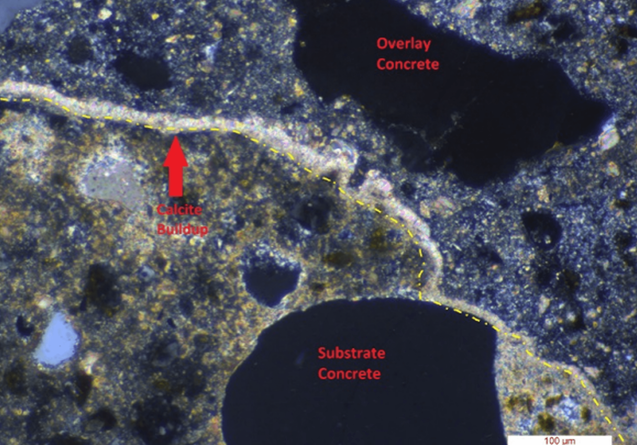 Microscopic image showing overlay and substrate concrete layers with clear boundary.