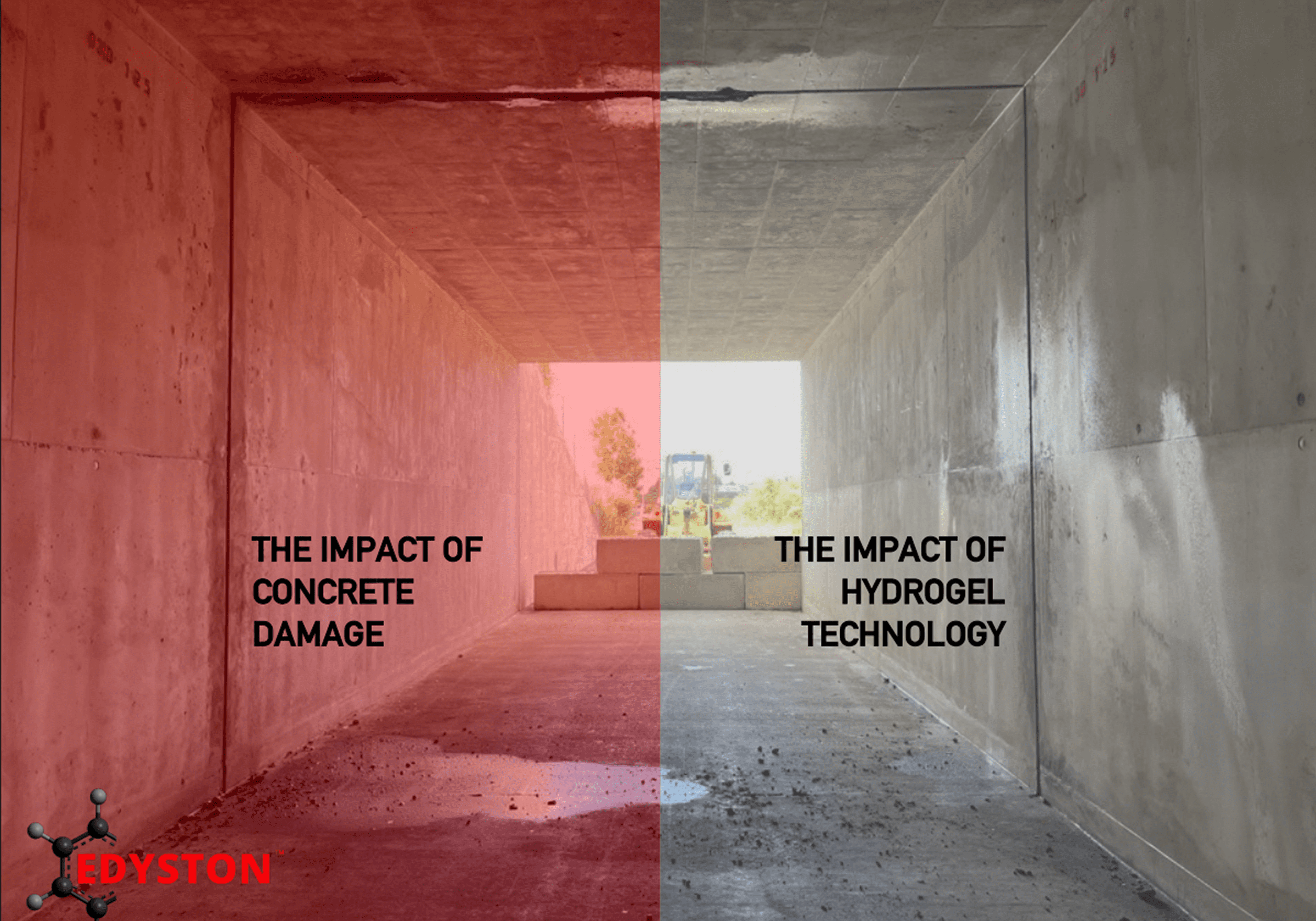 Split image showing concrete damage impact versus technology's impact.